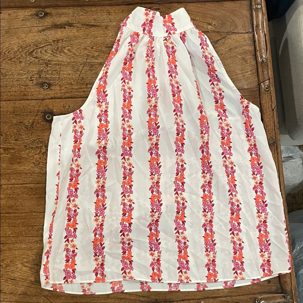 Ann Taylor White Halter Camisole with Pink & Orange Floral Stripes